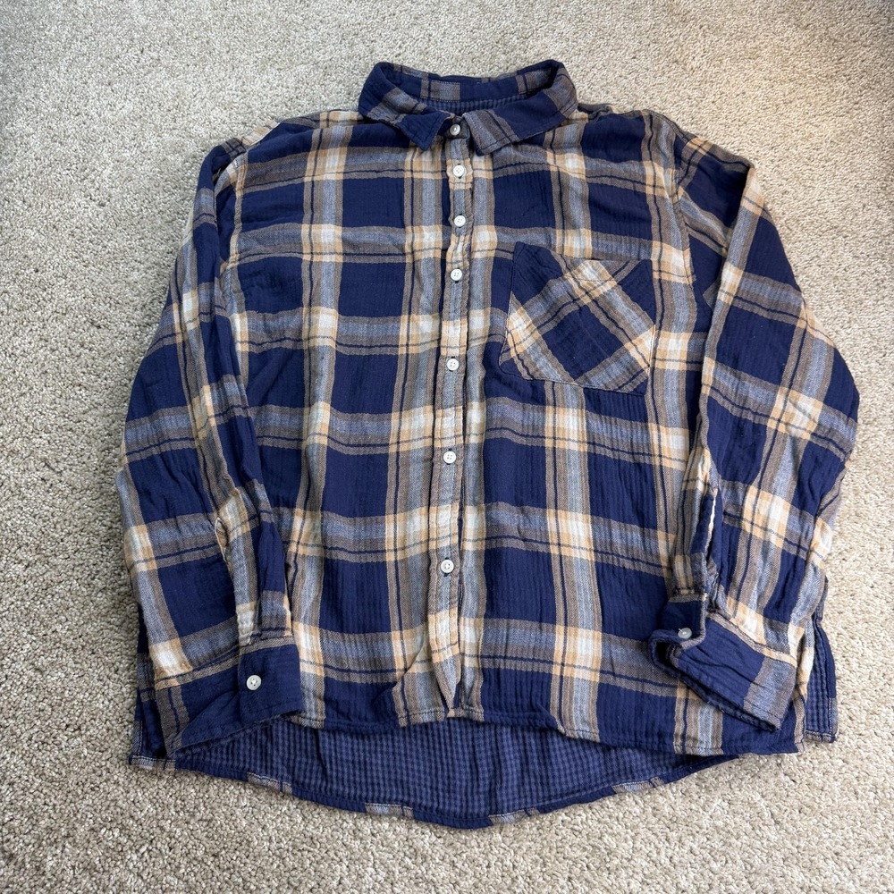 Aerie Shirt Womens XL Blue Plaid Button Up Long Sleeve Cotton Top Casual